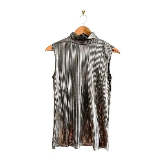 Andrea Jovine Metallic Mock Neck Pleated Sleeveless Top Blouse Size S - Picture 2 of 8
